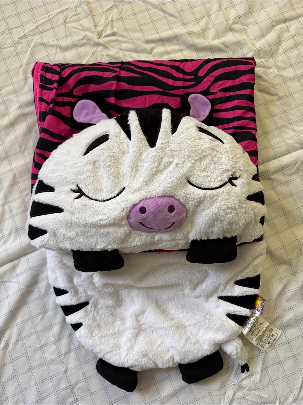 Happy Nappers Pink & Black Zebra Plush Sleeping Bag - Animal Head Pillow